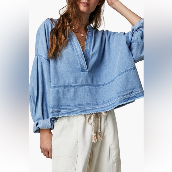 Free People NWT Jude 100% Cotton Denim Oversized Vneck Pullover small - Picture 10 of 14